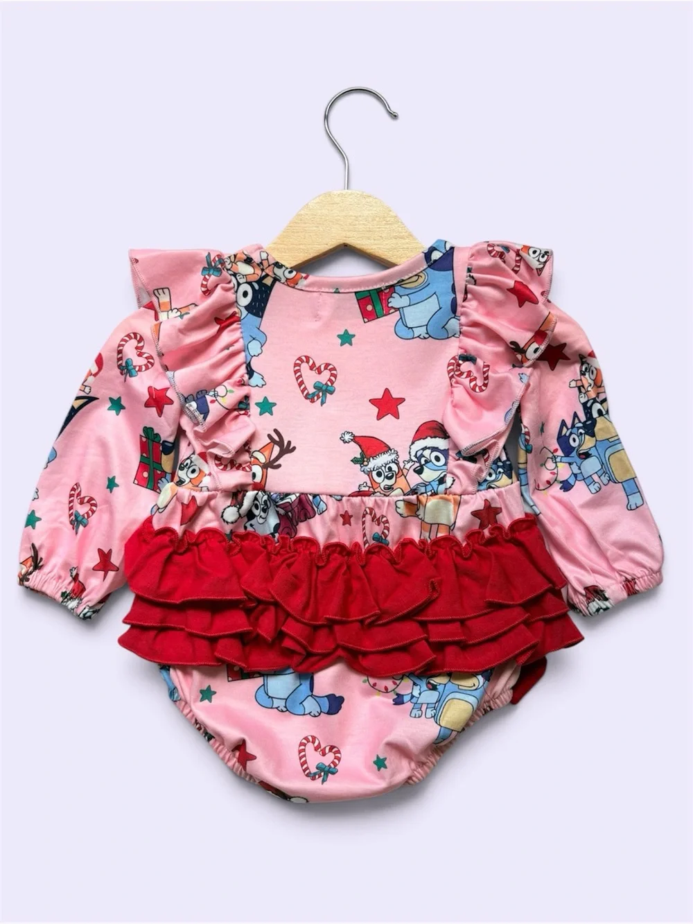 Rylee Faith Pink Bluey Character Holiday Ruffle Baby Romper